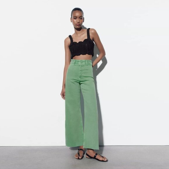 Zara The Marine Sailor Wide Leg Cotton Denim Mint Green Pant Trouser - Size 6 - Picture 1 of 11